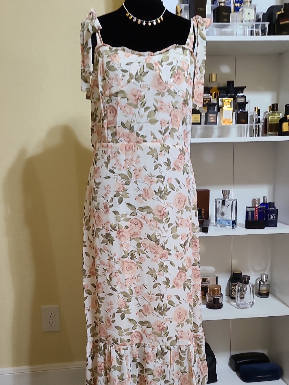 O.p.t. XL Tie-Shoulder Floral Maxi Dress in Pink & Cream
